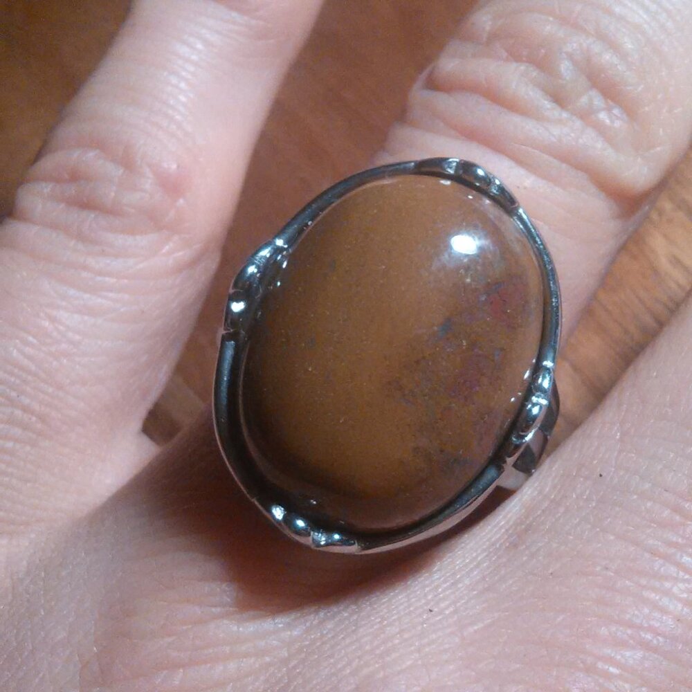 Ocean Jasper Solitaire Stainless Steel Ring (Size 7)